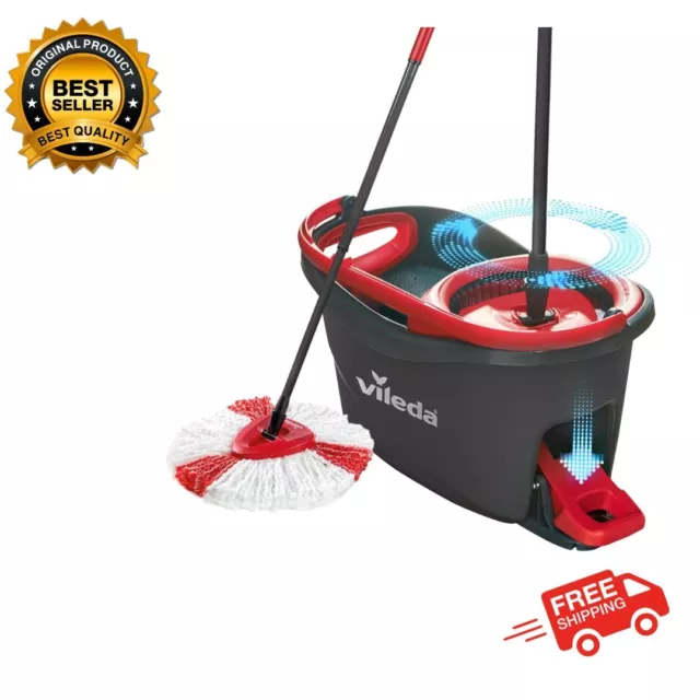 Vileda Turbo Microfibre Mop and Bucket Set: Spin Mop for Floors, Grey/Red, 48.5