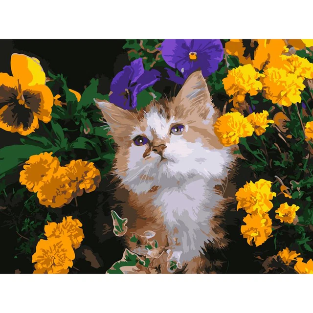 Hágalo usted mismo Pintura Digital por Números Gato Flor Lona Sin Marco Imagen Arte Moderno H