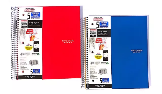 Five Star Spiral Notebook + Study App, 5-Subject 2PK Red & Blue, College Ruled