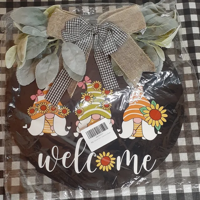 Gnome Sunflower Welcome Sign Door Hanger Kitchen Decor Pressed Wood Cute Round