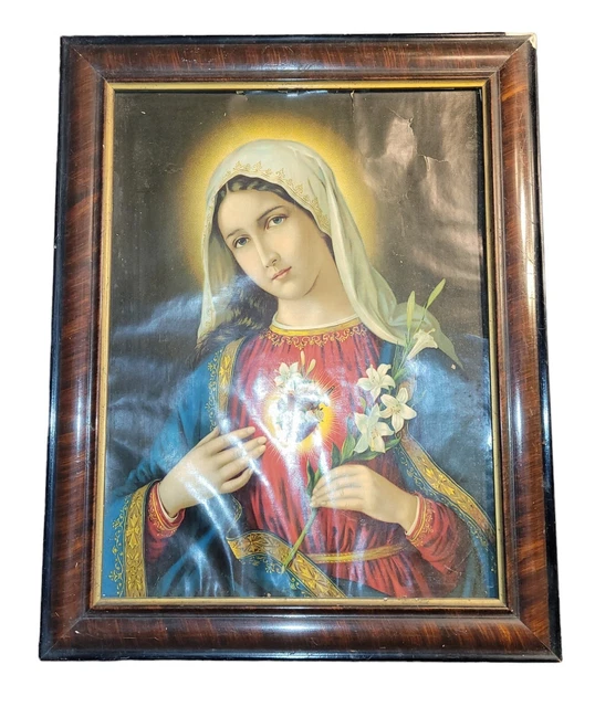 ANTIQUE IMMACULATE HEART Of Mary Print Litho Victorian Painted Tiger ...