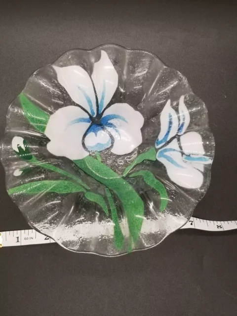 VTG Sydenstricker Glass Berry Bowl  White Blue  Lily Design  Ruffled - Signed