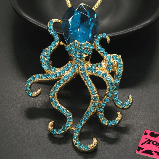 New Fashion Women Blue Rhinestone Cute Octopus Crystal Pendant Chain Necklace