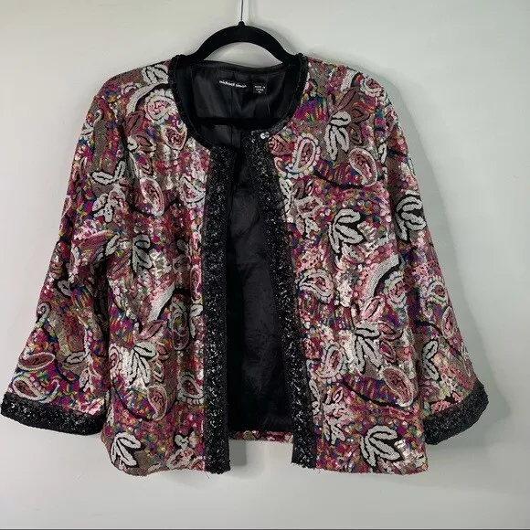 Michael Simon Sequin embellished beaded floral open front jacket size XL party