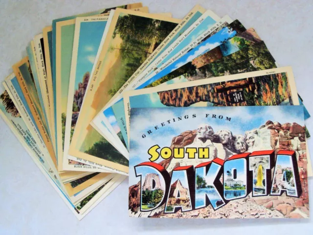 SOUTH DAKOTA SD 27 UNUSED POSTCARD LINEN LOT WWII & PRE ERA ROADSIDE AMERICANA b