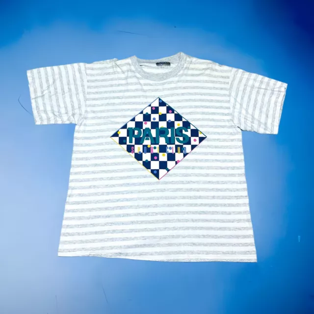 Vintage 90s Paris Sport Club Single Stitch Striped Colorful T Shirt Size 2 (2XL)