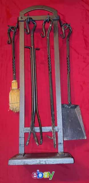 5 PC Vintage HEAVY DUTY WROUGHT Iron Twisted BRAIDED ROPE Fireplace Tools STAND