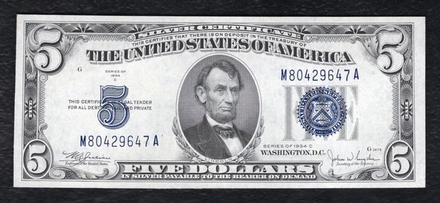 1934-C $5 Five Dollars Silver Certificate Currency Note Gem Uncirculated