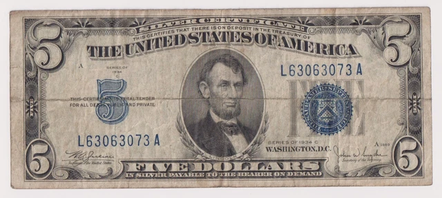1934 C 5 Five Dollar Note Bill Silver Certificate Blue Seal