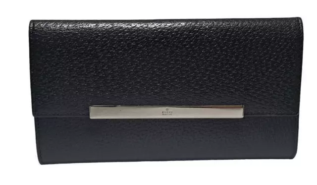 Authentic Gucci Trifold Long Wallet Leather Black Plain Logo Plate Men's Women's