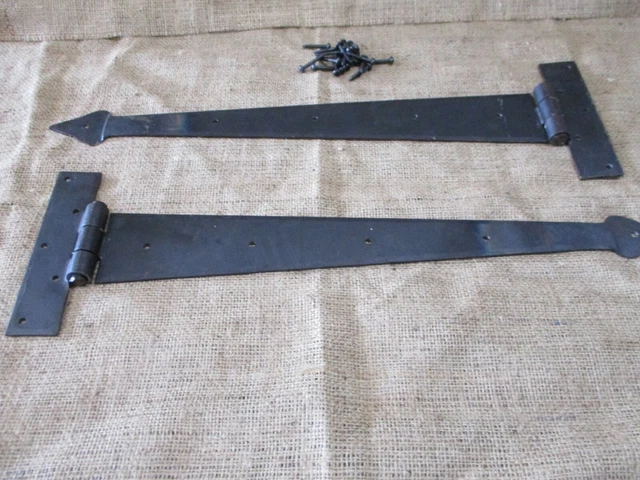 2 LARGE Strap T Hinges 18" Tee Hand Forged In Fire Barn Rustic Door Iron Arrow 2