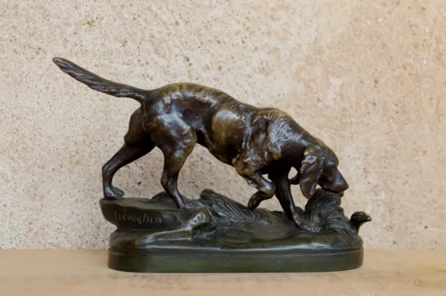 Sculpture Animalière Bronze XIXeme Setter À L'affût Signé Lecourtier