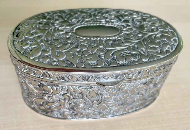 Embossed Oval Trinket Jewellery Box Silver-Plated? Metal Ornate Lined Hinged