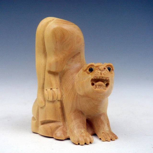 Japanese Boxwood Hand Carved Netsuke Sculpture Furious Tiger On Rock #05242301