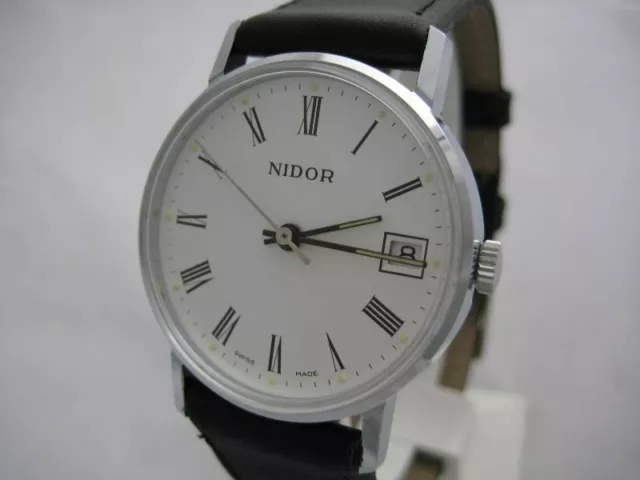 Nos New Swiss Vintage Mechanical Hand Winding Date Nidor Men's Analog Watch 1960