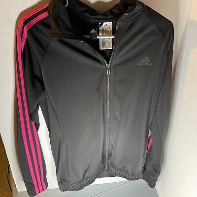 ADIDAS Girl's Full Zip Size M 10/12 Black Pink Striped Sleeves Track Jacket EUC