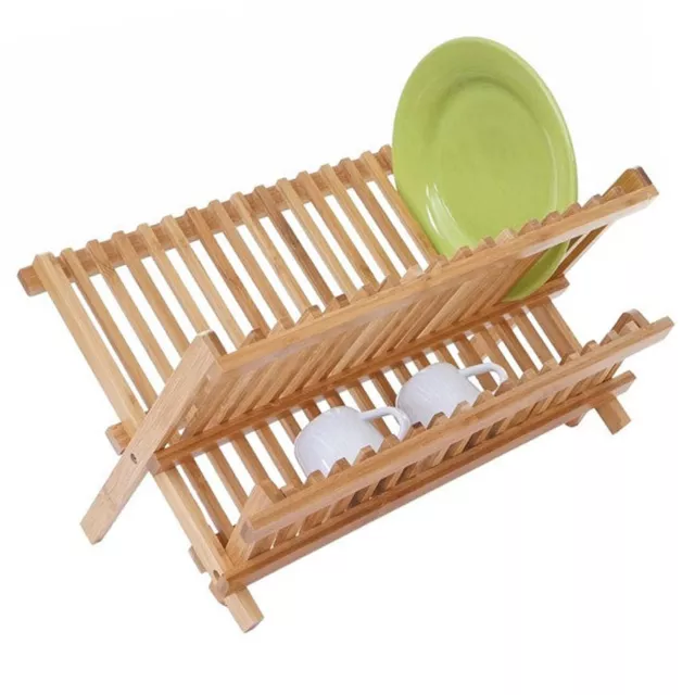 2 Tier Dish Drainer Wooden Folding Drying Washing Rack Holder Cup Plate Utensils