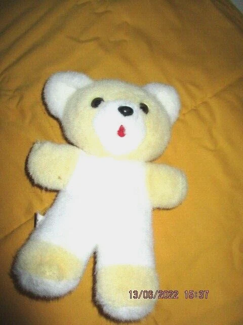 DOUDOU PELUCHE OURS VINTAGE  BLANC/JAUNE YEUX Marron 21CM - TBE