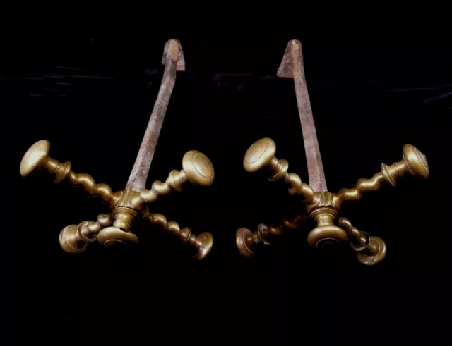 Antique 1840s Twisted Barley Brass Andirons Hand Forged Legs For Small Fireplace