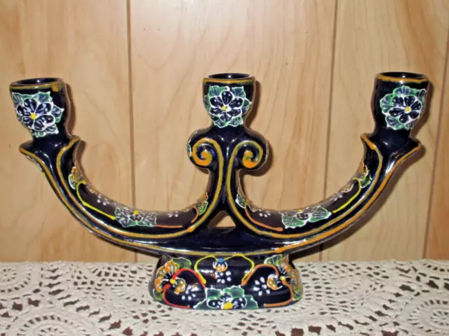 Mexican Folk Art Cobalt Blue Talavera Pottery 3 Arm Candelabra