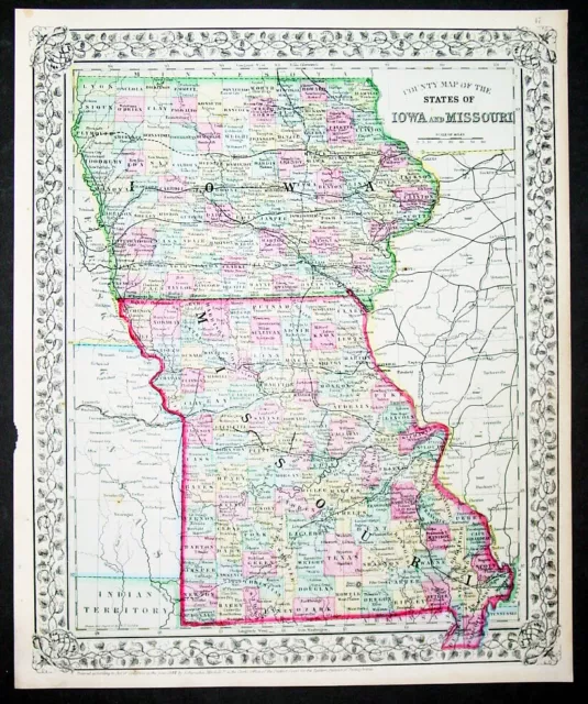 1870 Samuel Augustus Mitchell Antique State Map of Iowa and Missouri