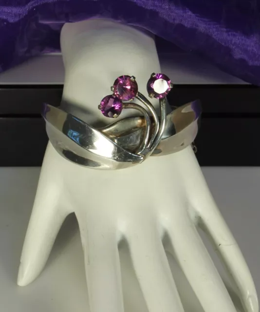 Sterling TAXCO Mexico Bracelet 1950s Signed MIGUEL MELENDEZ Amethyst Gem Flowers