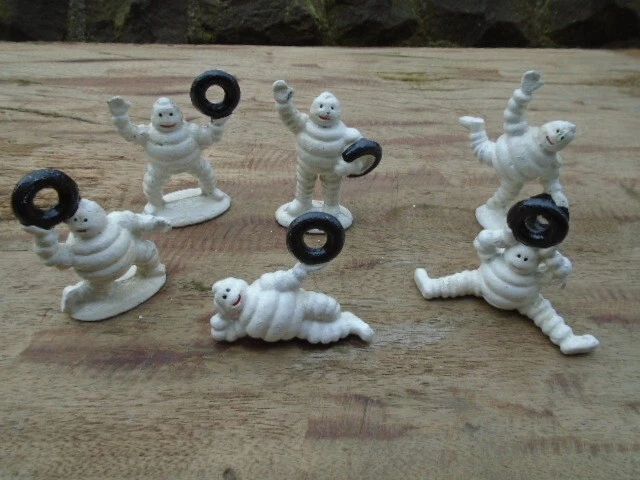 Set of 6 cast iron Michelin men figures, advertising, tyres, garage, mancave,