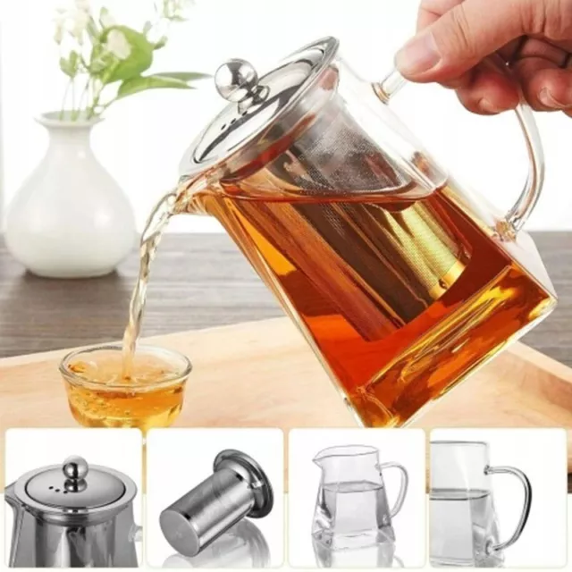 Heat Resistant Glass Teapot With Filter Infuser Coffee Tea Maker Leakproof Pot