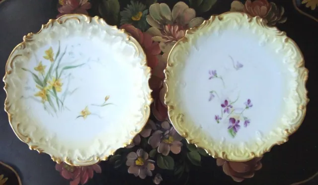 LIMOGES FRANCE Coiffe Plates 1891-1914 Hand Painted Flowers Gold Trim