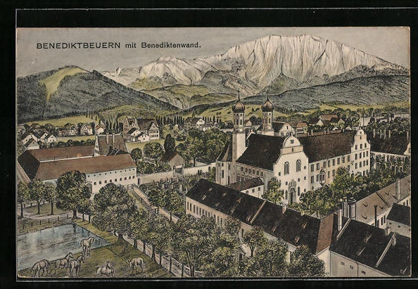 AK Benediktbeuern, Ortsansicht mit der Benediktenwand 1918