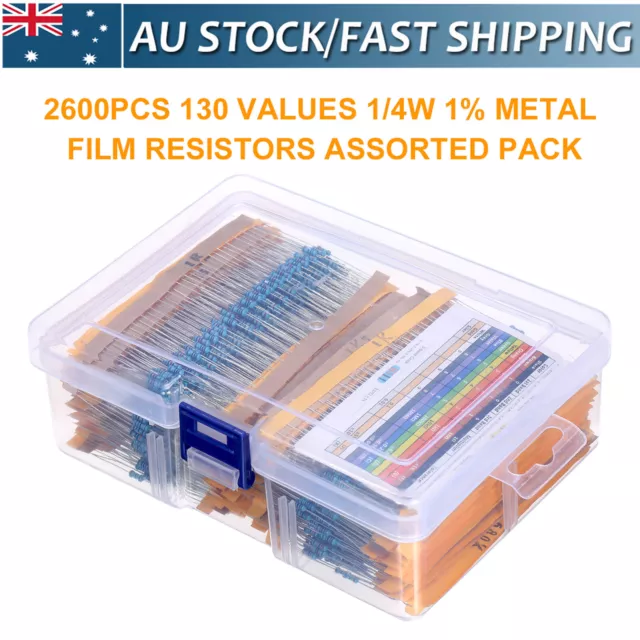 2600Pcs 130 Values 1/4W 0.25W 1% Metal Film Resistors Assorted Set with Box AU