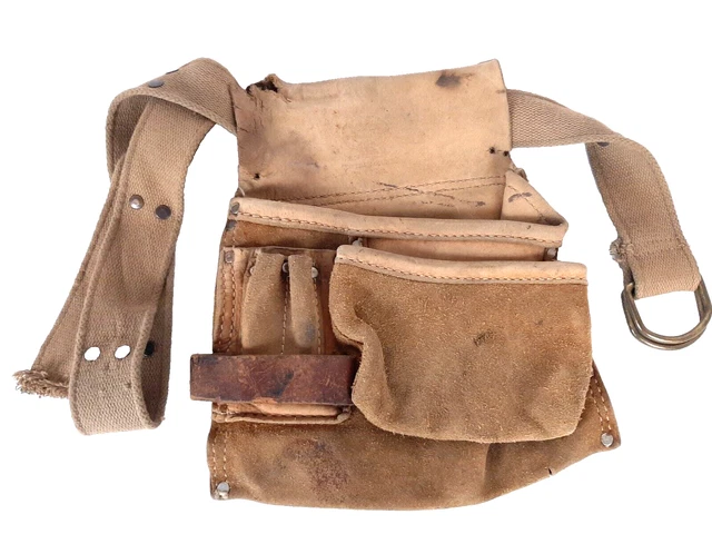 Vintage Top Grain Cowhide Brown Leather Tool Pouch Bag w/ Adjustable Belt