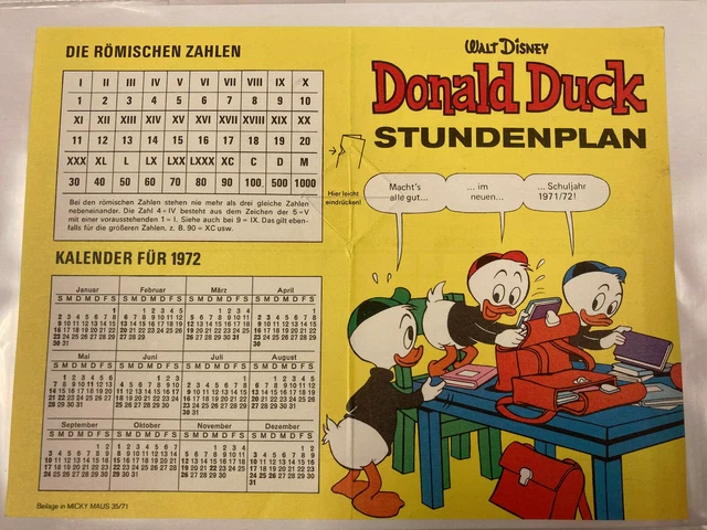 Micky Maus 1971 : lose Beilage Stundenplan zu Heft 35  Ehapa Originalbeilage