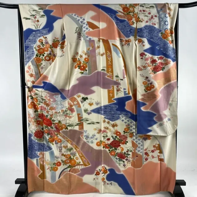 Japanese Kimono Furisode Pure Silk Flowers Yusoku Pattern Gold Thread Gold Paint