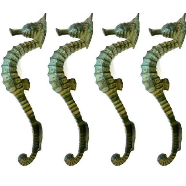 4 small SEAHORSE solid brass door AGED GREEN old style house PULL handle 10" B