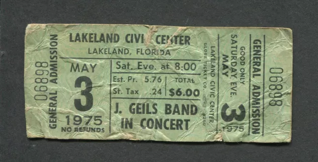 1975 J. Geils Styx Unused Full Concert Ticket Lakeland FL Man Of Miracles