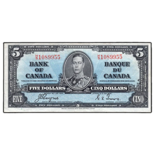 $5 1937 Bank of Canada Note Coyne-Towers H/S Prefix BC-23c