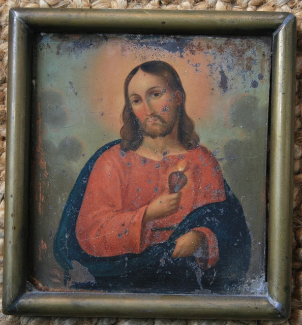 Herz Jesu Bild Öl auf Weissblech Mitte 19. Jahrhundert Biedermeier