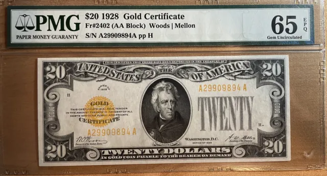 $20  1928 Gold Certificate  PMG 65 EPQ Gem Unc