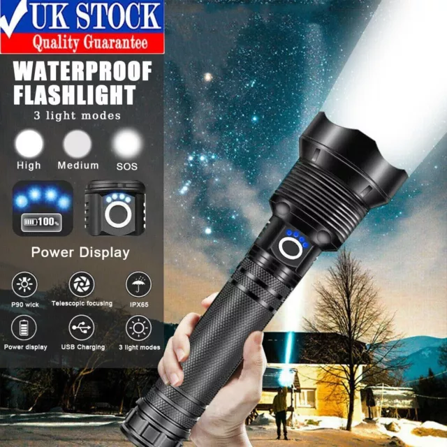 Most Powerful LED Flashlight 9900000LM Zoom USB Rechargeable Super Bright Torch