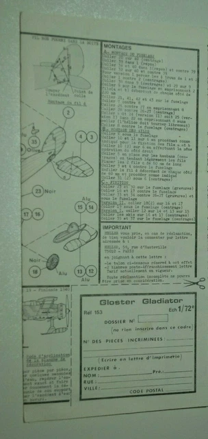 1/72ème PLAN DE MONTAGE POUR GLOSTER GLADIATOR  -  pour kit HELLER N° 153