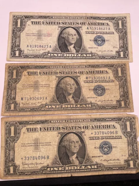 Two 1957 A and One 1957 B Blue Seal Dollar Bill