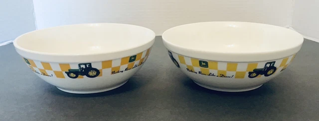 John Deere Tractor Two Soup Cereal Bowls Gibson Yellow Squares Running Deer