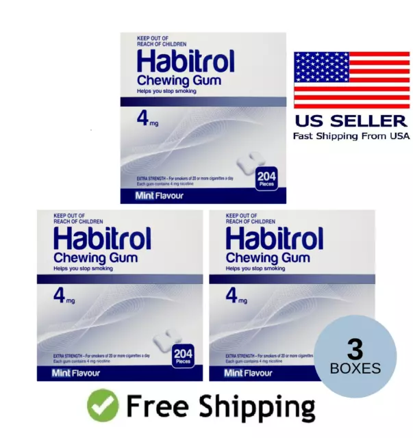 Habitrol 4mg Mint Nicotine Gum 3 Bulk Boxes of 204 (612 Pieces) EXP 2025