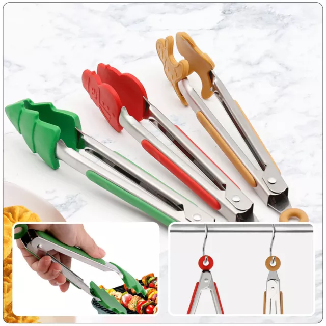 3 Pcs Stainless Steel + Silicone Christmas Food Clips Tongs Steak Clamps 3