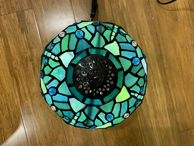 14" Tiffany Table Lamp Sea Blue Stained Glass and Crystal Bead Dragonfly 3