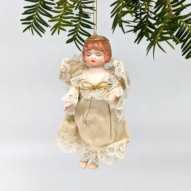 Victorian Style Angel Doll Ornament Bisque Porcelain White Velvet Lace 1980s