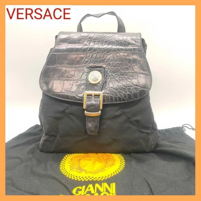 Auth Gianni Versace Bag Croc-stamped Nylon Backpack Black Medusa Auth Gianni Versace Bag Croc-stamped Nylon Backpack Black Medusa