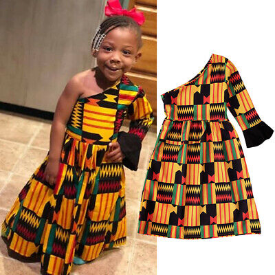 Toddler Kids Baby Girl Sloping Shoulder African Dress Party Dashiki Long Dress