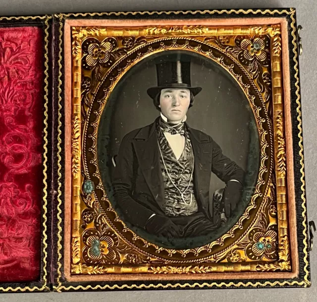 Handsome Young Gent In Top Hat, 1/6 Plate Daguerreotype, No Wipe Marks